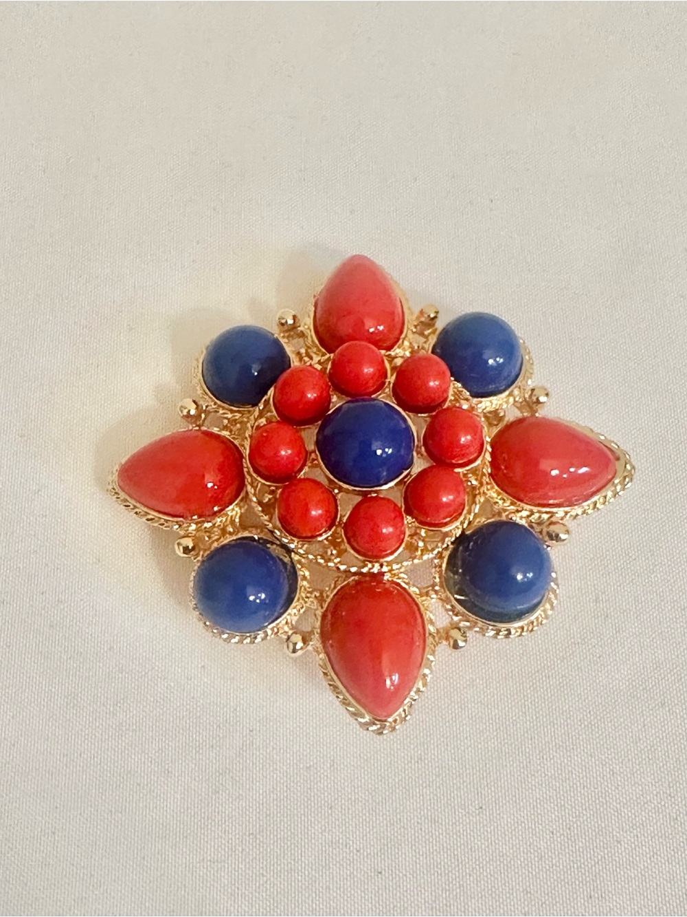 Gold-Tone Red and Blue Cabochon Statement Brooch & Pendant